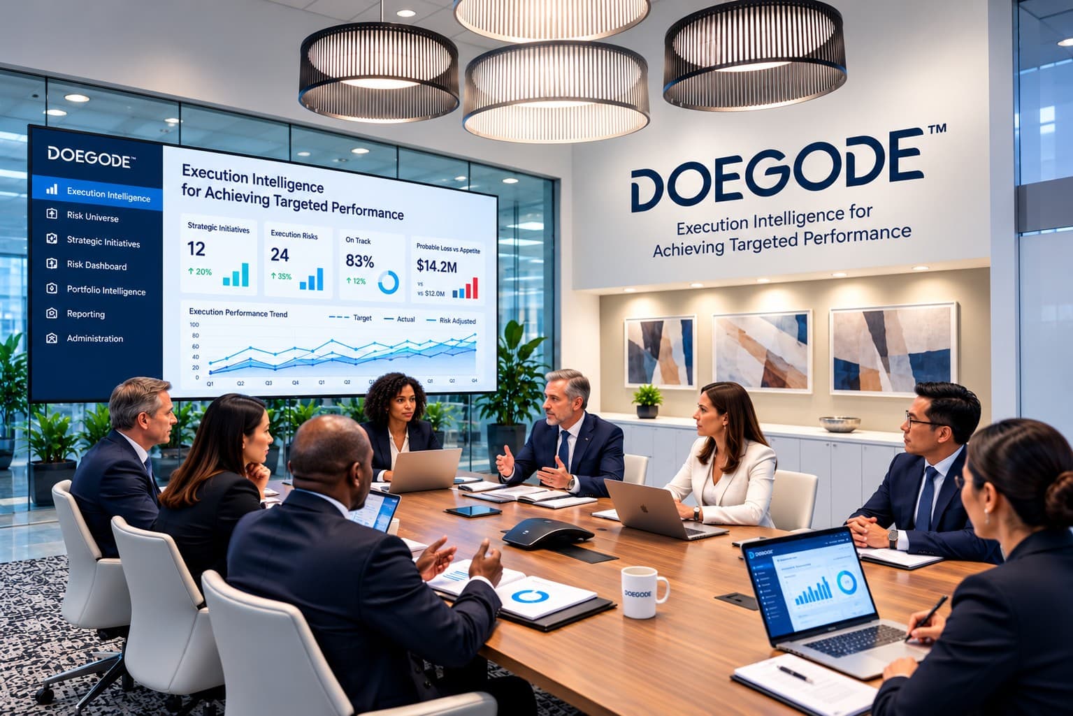 Doegode executives in a boardroom reviewing the Execution Intelligence dashboard on a wall screen, beneath the Doegode wall sign.